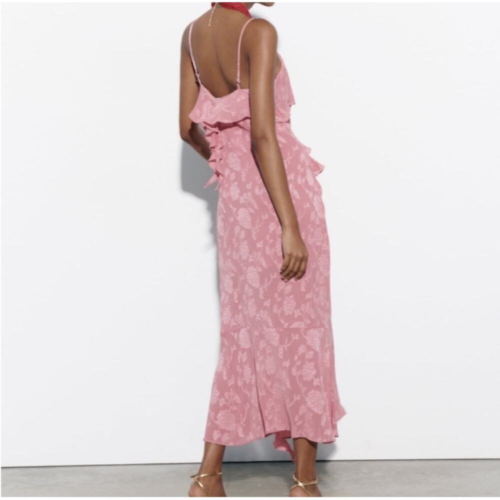 Zara Marsala Jacquard Ruffle Midi Dress Romantic Floral Cottagecore M ruffles - Picture 2 of 9